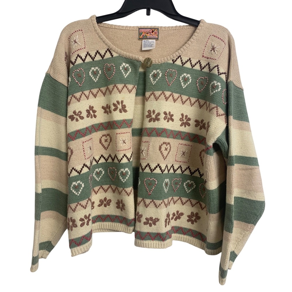 Vintage April Cornell Embroidered Striped Heart Cardigan Sweater Green Tan M/L - Picture 1 of 9